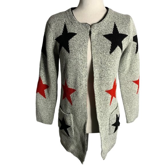 Unbranded Sweaters - Open Front Marled Knit Cardigan Sweater S Black White Stars Pockets Long Sleeves